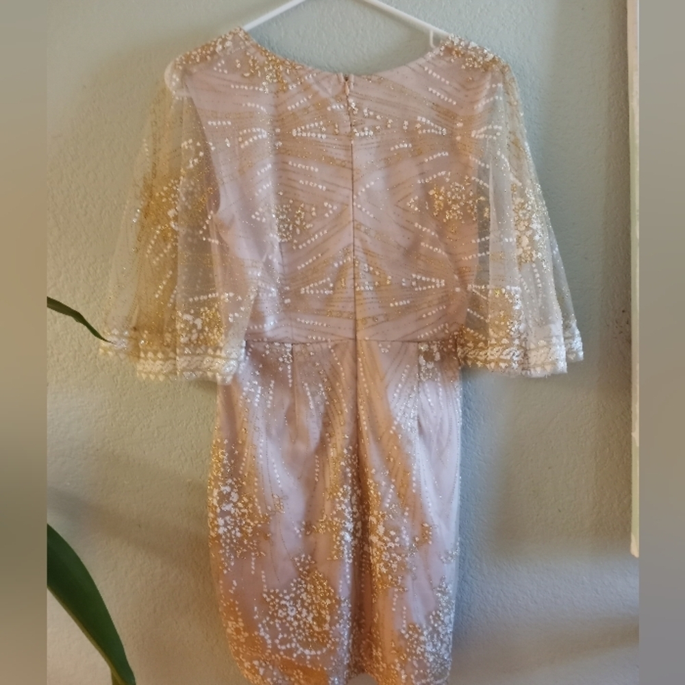 Hello Molly Lace Gold Sunburst Bohemian Sheer Flowy Kimono Sleeve NYE Dress M - Picture 5 of 7